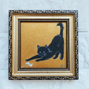 Black cat oil painting Gold Framed black cat portrait Small framed art Funny Animals original artwork