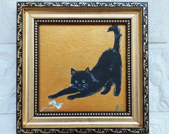 Black cat oil painting Gold Framed black cat portrait Small framed art Funny Animals original artwork