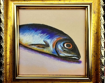 Sardine Oil Painting, Gift, Fish Original Art Food Still Life Kitchen Art on Canvas