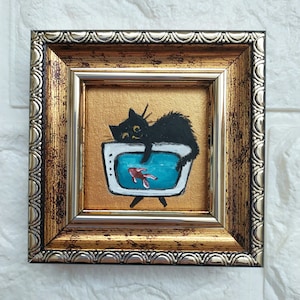 Black cat and fish oil Painting gold original artwork framed miniature Funny Black cat painting original framed art animals