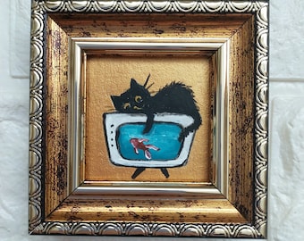 Black cat and fish oil Painting gold original artwork framed miniature Funny Black cat painting original framed art animals
