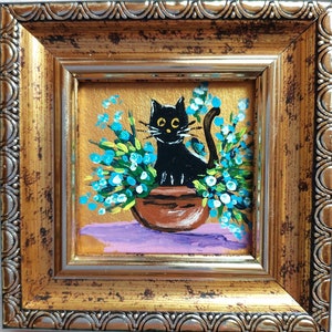 Framed Black Cat Painting: Miniature Kitten in Vase, Original Oil Art