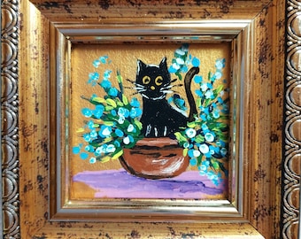 Framed Black Cat Painting: Miniature Kitten in Vase, Original Oil Art
