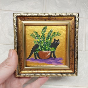 Black cat Painting Framed original art Funny cat near a vase with flowers hand painted art Miniature animals art