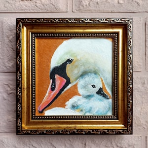 Swan Bird Painting Original FRAMED Golden Miniature Swan Family Artwork