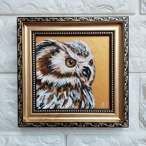 Owl bird painting original Golden Painting framed small artwork Portrait owl wall art Best friend gift for women