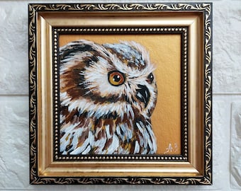 Owl bird painting original Golden Painting framed small artwork Portrait owl wall art Best friend gift for women