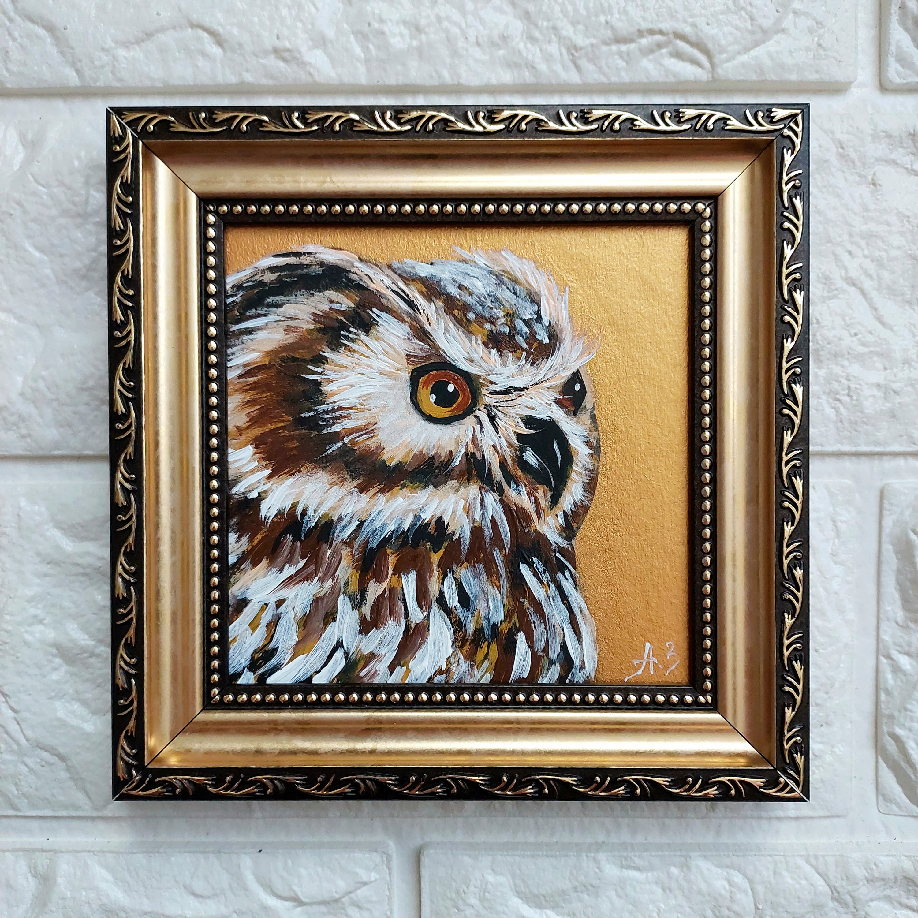 Original Owl Portrait Oil Painting: Framed Miniature Signed Art, Gift for Bird Lover