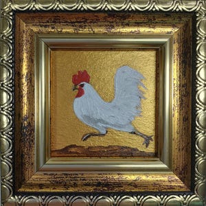 White Rooster painting Original Chicken small painting Farm animals artwork Golden Framed Painting Farmhouse wall decor