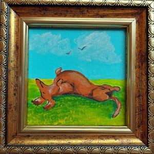 Dachshund painting original framed Brown dog sleeping painting Puppy painting Сute animals art