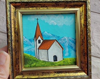 Church Painting Originals, Religious Wall Decor, Mini Art 3x3 in, Golden Framed Christian artwork