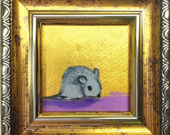 Mouse Painting Original, Miniature Framed Animal Art Small Artwork, 2x2 inches