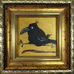 Crow Painting Bird mini painting Raven Wall Art Golden Painting Framed Black Bird Artwork