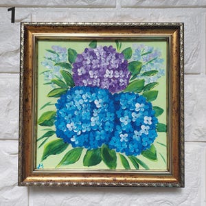 Hydrangea Oil Painting: Gift, Small Floral Blue Bouquet Art, Gold Frame