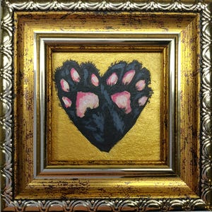 Cat Paw oil Painting Black cat Painting Framed original art Heart hand painted art Miniature art Gift for a cat lover
