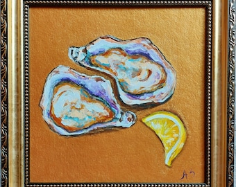 Oyster Painting Lemon Still Life Painting Small Culinary Art Original Oil Painting Seafood Wall Art Food Oyster Shell Painting