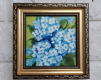 Hydrangea Painting Original Blue Flowers Art Small Framed painting Floral Bouquet Artwork Hydrangea Hand Painted Ukrainian artist