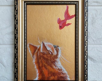 Red cat and fish oil Painting gold original artwork framed Portrait Red cat painting original framed art animals