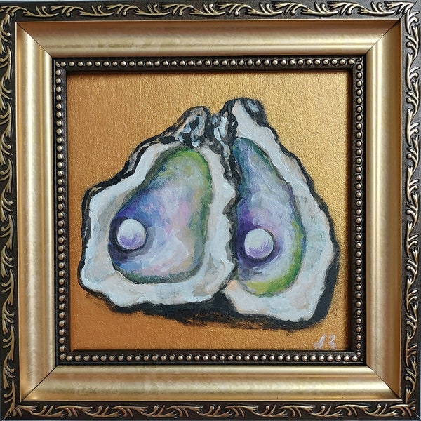 Oyster Painting Still Life Gold Frame Painting Small Art Original Oil Painting Seafood Wall Art Food Oyster Shell Painting