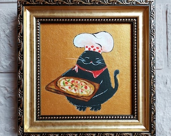 Black cat with pizza oil Painting gold original artwork framed Funny cat  painting kitchen original framed art animals Gift pizza lover