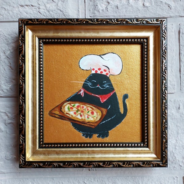 Black cat with pizza oil Painting gold original artwork framed Funny cat  painting kitchen original framed art animals Gift pizza lover