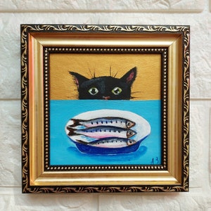 Black cat and fish oil painting Framed funny black cat portrait miniature framed art Animals gold original artwork