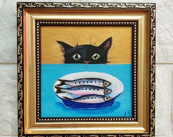 Black cat and fish oil painting Framed funny black cat portrait miniature framed art Animals gold original artwork