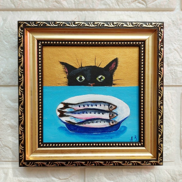 Black Cat and Fish Oil Painting Original Small Framed Art Curious Cat Mini Artwork