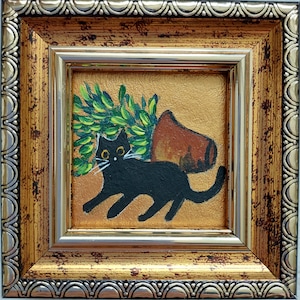 Black cat Painting Framed original art Funny cute kitten overturned the flowerpot hand painted Miniature animals art