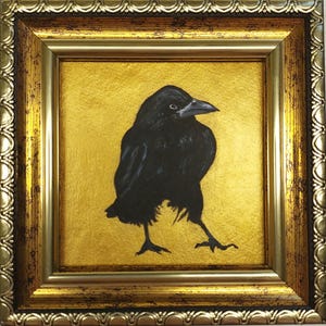 Crow Painting Bird small painting Crow art Raven Wall Art Golden Painting Framed Black Bird Artwork
