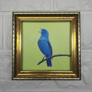 Framed Blue Bird Oil Painting: Tropical Wall Art, 4x4 inches