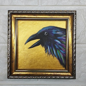 Crow Painting Bird small oil Painting Raven Wall Art Golden Painting Framed Black Bird Artwork
