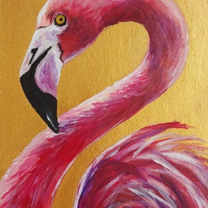 Flamingo painting Wildlife bird painting original Small oil painting animals artwork Golden Framed Painting Farmhouse wall décor image 10