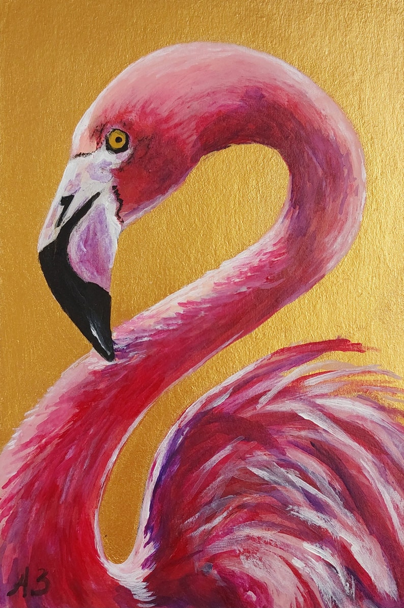 Flamingo painting Wildlife bird painting original Small oil painting animals artwork Golden Framed Painting Farmhouse wall décor image 10