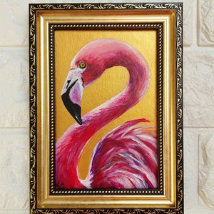 Flamingo painting Wildlife bird painting original Small oil painting animals artwork Golden Framed Painting Farmhouse wall décor image 1