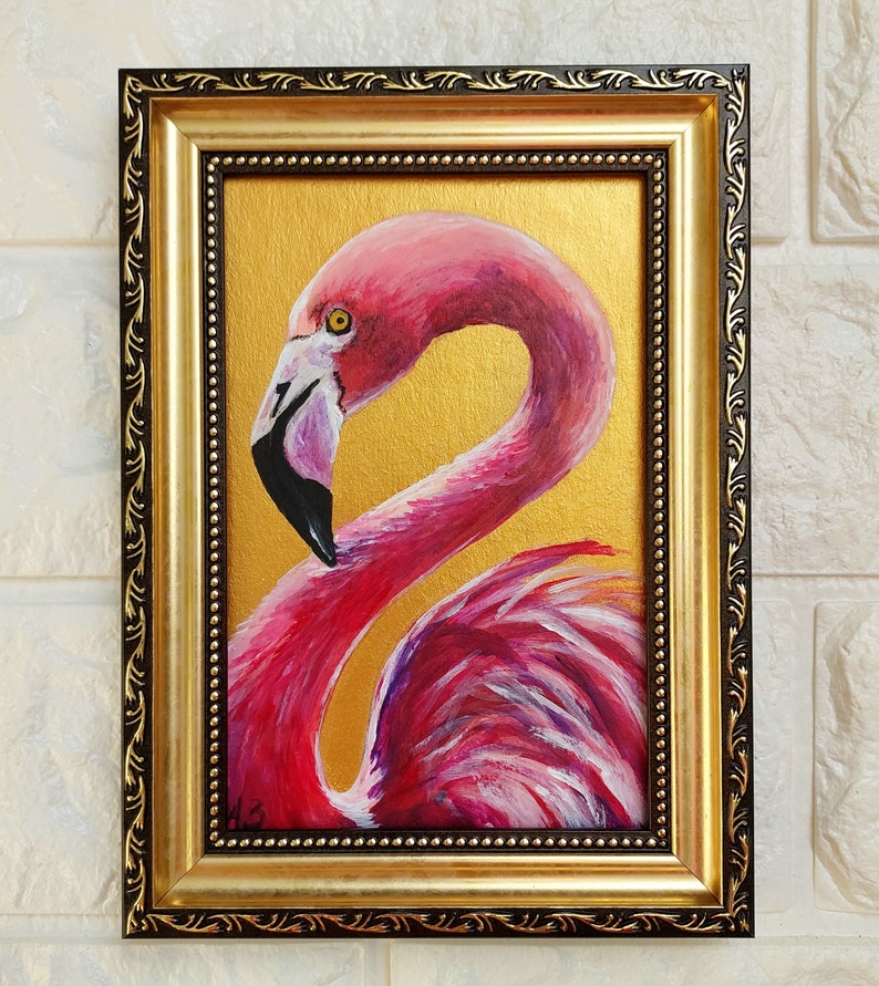 Flamingo painting Wildlife bird painting original Small oil painting animals artwork Golden Framed Painting Farmhouse wall décor image 1