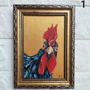 Rooster painting Original Chicken painting Small hand painted Farm animals artwork Golden Framed Painting Farmhouse wall décor