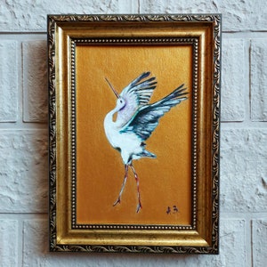 Stork Painting Funny Bird Original Painting Small oil painting Golden Art Framed Painting Wildlife bird painting