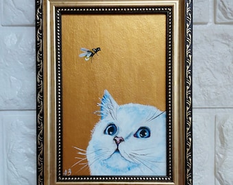 White cat and bee oil Painting gold original artwork framed Cute cat painting original framed art animals