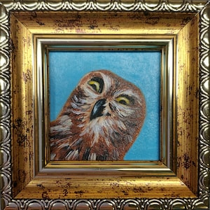 Owl oil painting original Funny owl art Miniature artwork framed Bird owl wall art Best friend gift for friends