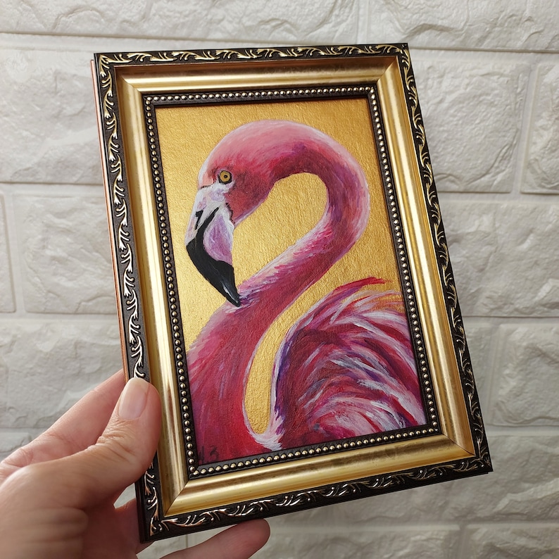 Flamingo painting Wildlife bird painting original Small oil painting animals artwork Golden Framed Painting Farmhouse wall décor image 7