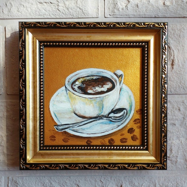 Coffee oil Painting gold original artwork framed morning coffee painting original Coffee Cup Painting Food Artwork Kitchen Wall Art