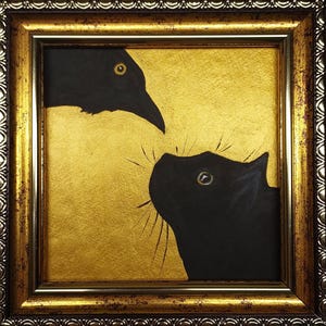 Black cat and crow oil painting Framed funny black cat portrait miniature framed art Animals gold original artwork