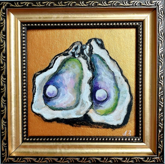 Oyster Oil Painting Original, Pearl Still Life Art, Miniature Coastal Artwork, Ocean Decor