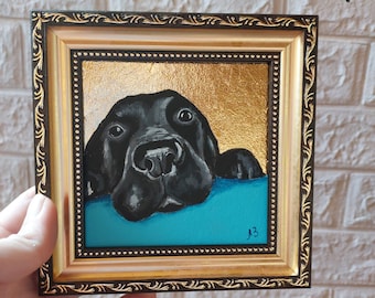 Black Labrador Dog Painting gold leaf original framed Portrait dog Hand-painted Сute animals art
