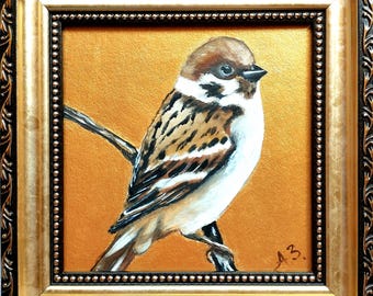 スズメの鳥の油絵、金箔の額入り、4x4アートテクスチャウォールアート