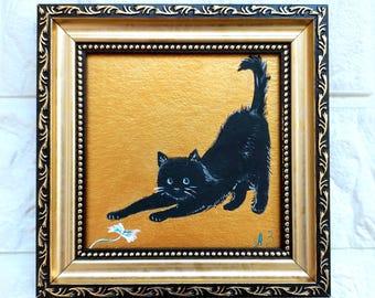 Black Cat Oil Painting: Framed Funny Pat Portrait, Original Art, Wall Decor