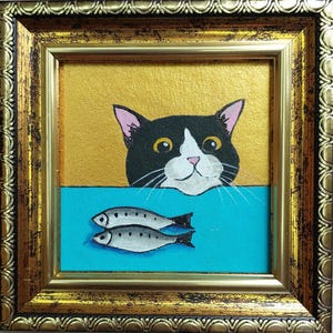 Tuxedo cat and fish painting Framed funny black cat art Pet portrait miniature  atwork