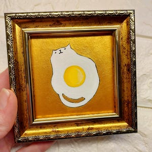 Cat Shaped Fried Egg Oil Painting, Framed Miniature Food Art, Original Kitchen Still Life