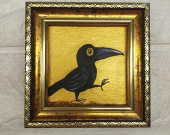 Crow Painting Original Raven Wall Art Framed Black Bird Oil Painting Small Gothic Decor